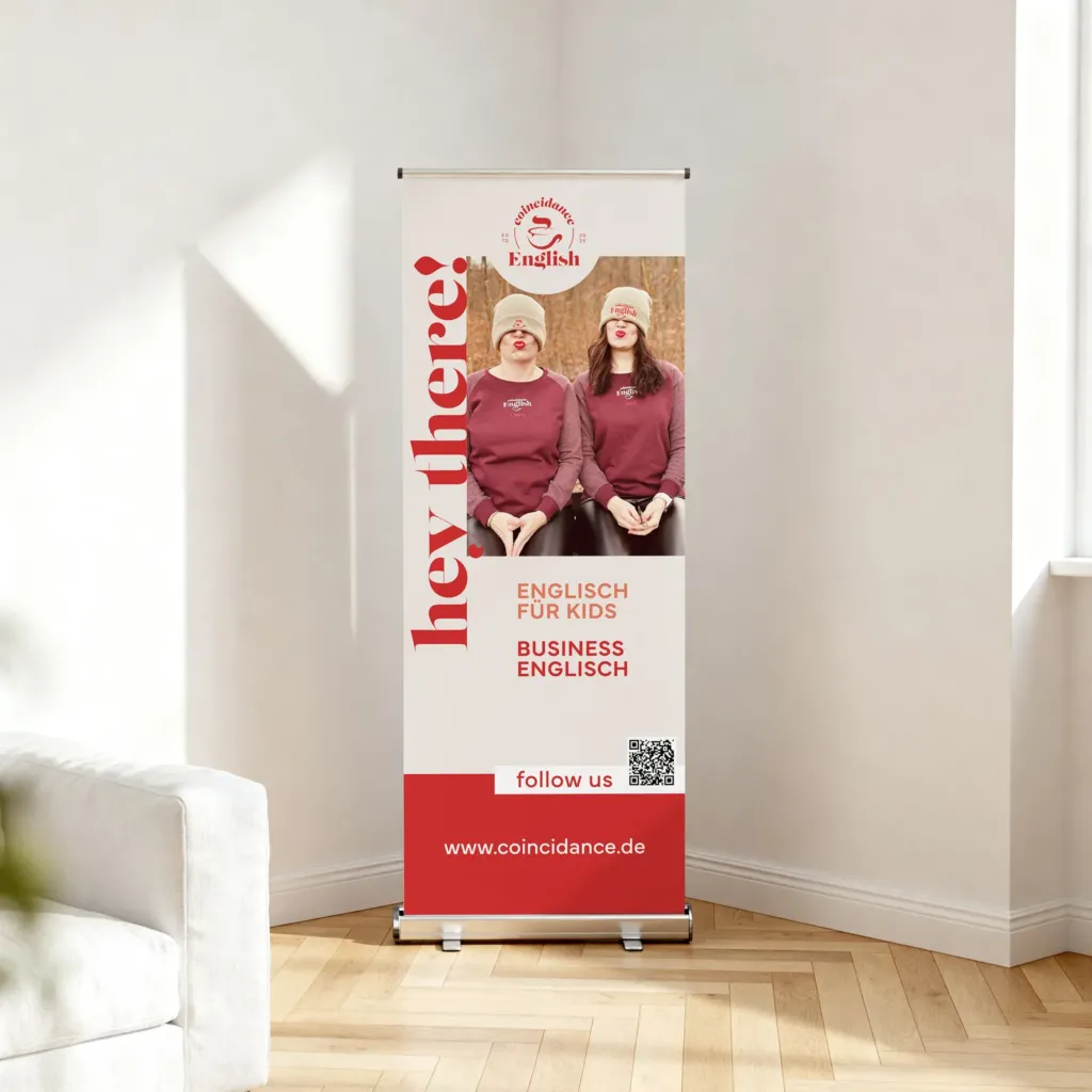 Roll-up Banner für coincidance English mit Angebot Englisch für Kids und Business Englisch, gestaltet von NETZLICHT Eichsfeld