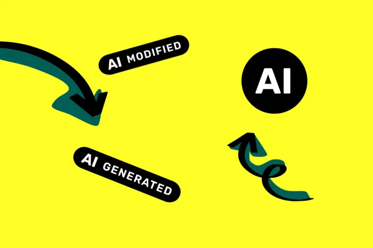 Icons zur KI-Kennzeichnungspflicht mit den Labels AI Modified und AI Generated auf gelbem Hintergrund