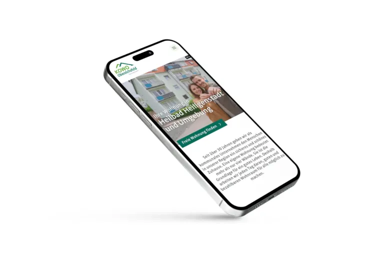 Mobile Ansicht der Website von KOWO Obereichsfeld mit Startseite zur Wohnungssuche in Heilbad Heiligenstadt