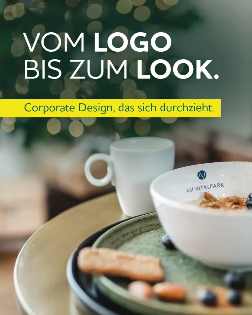Corporate Design für Hotel am Vitalpark: Logo auf Frühstücksgeschirr im Rahmen eines ganzheitlichen Markenauftritts