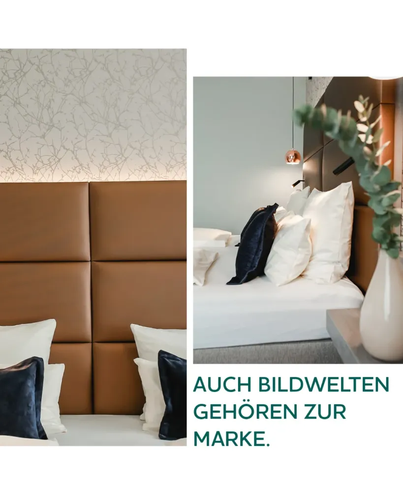 Hotelzimmer-Interieur mit Lederkopfteil und stilvollem Bett – Referenzprojekt für Hotellerie-Branding von NETZLICHT